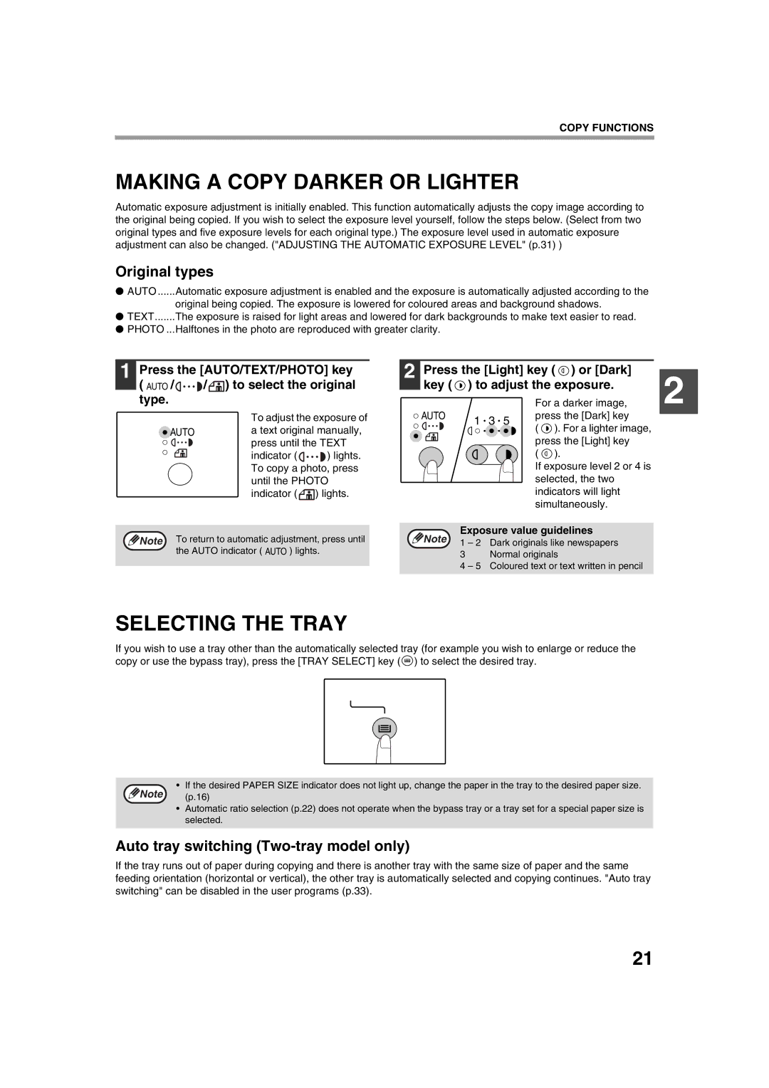 Sharp AR-5316 Making a Copy Darker or Lighter, Selecting the Tray, Original types, Auto tray switching Two-tray model only 