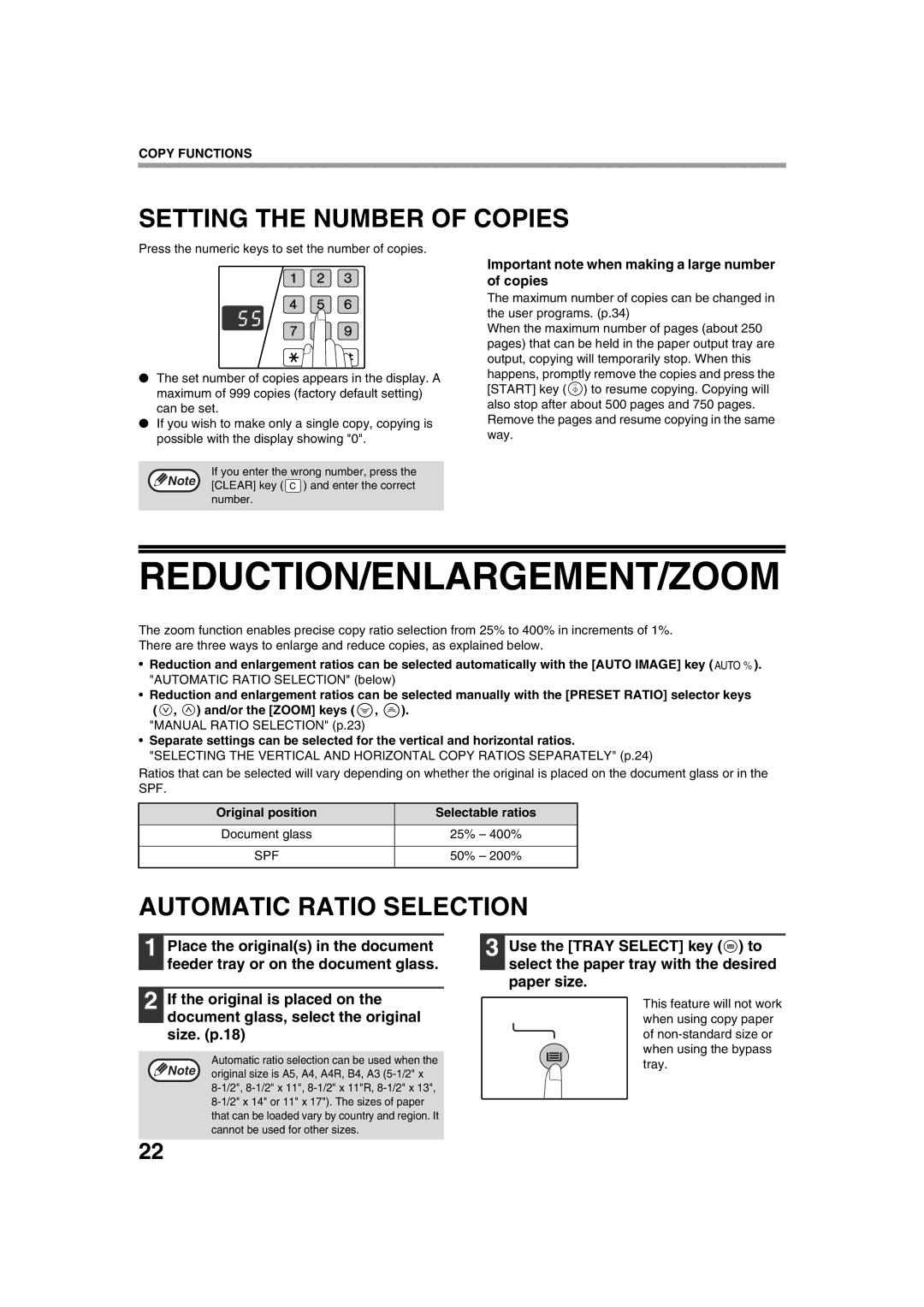 Sharp AR-5320 X, AR-5316 X Reduction/Enlargement/Zoom, Setting the Number of Copies, Automatic Ratio Selection 