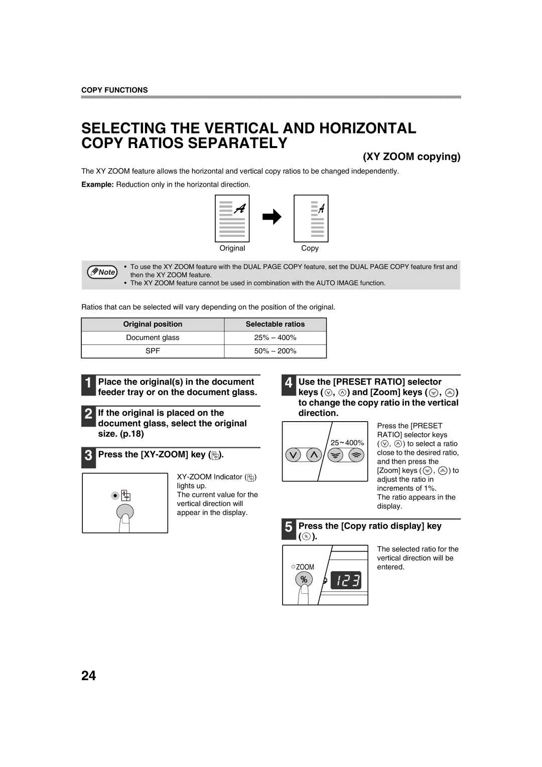 Sharp AR-5316 X, AR-5320 X operation manual XY Zoom copying, Press the Copy ratio display key 