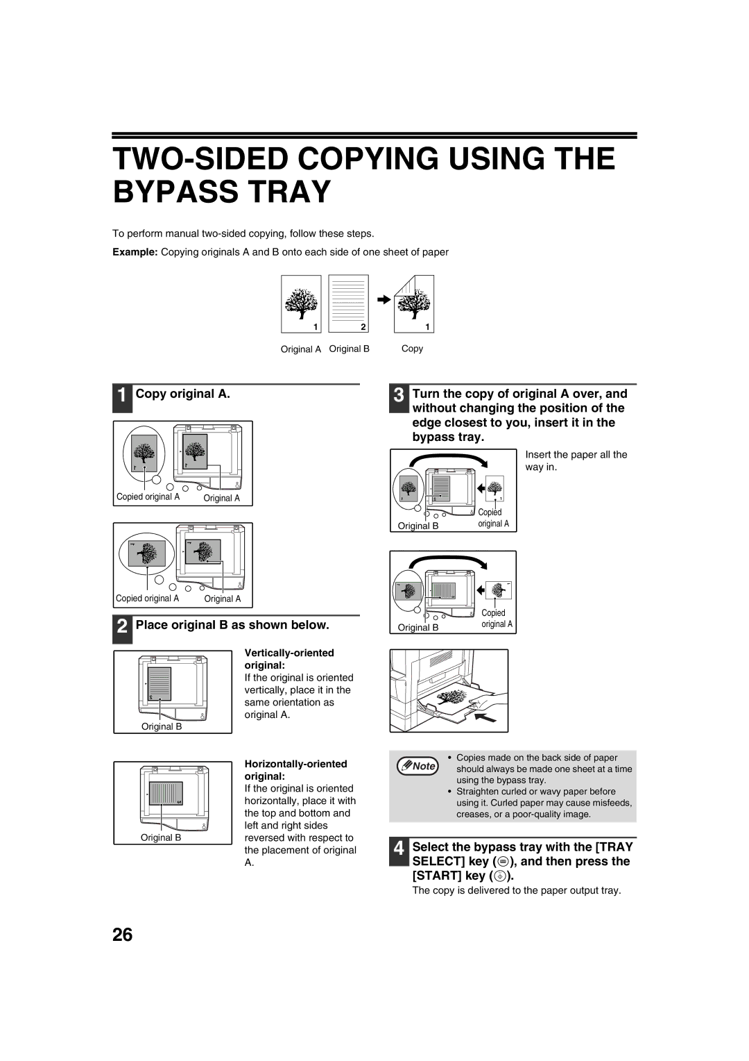 Sharp AR-5320 X, AR-5316 X TWO-SIDED Copying Using the Bypass Tray, Copy original a, Place original B as shown below 