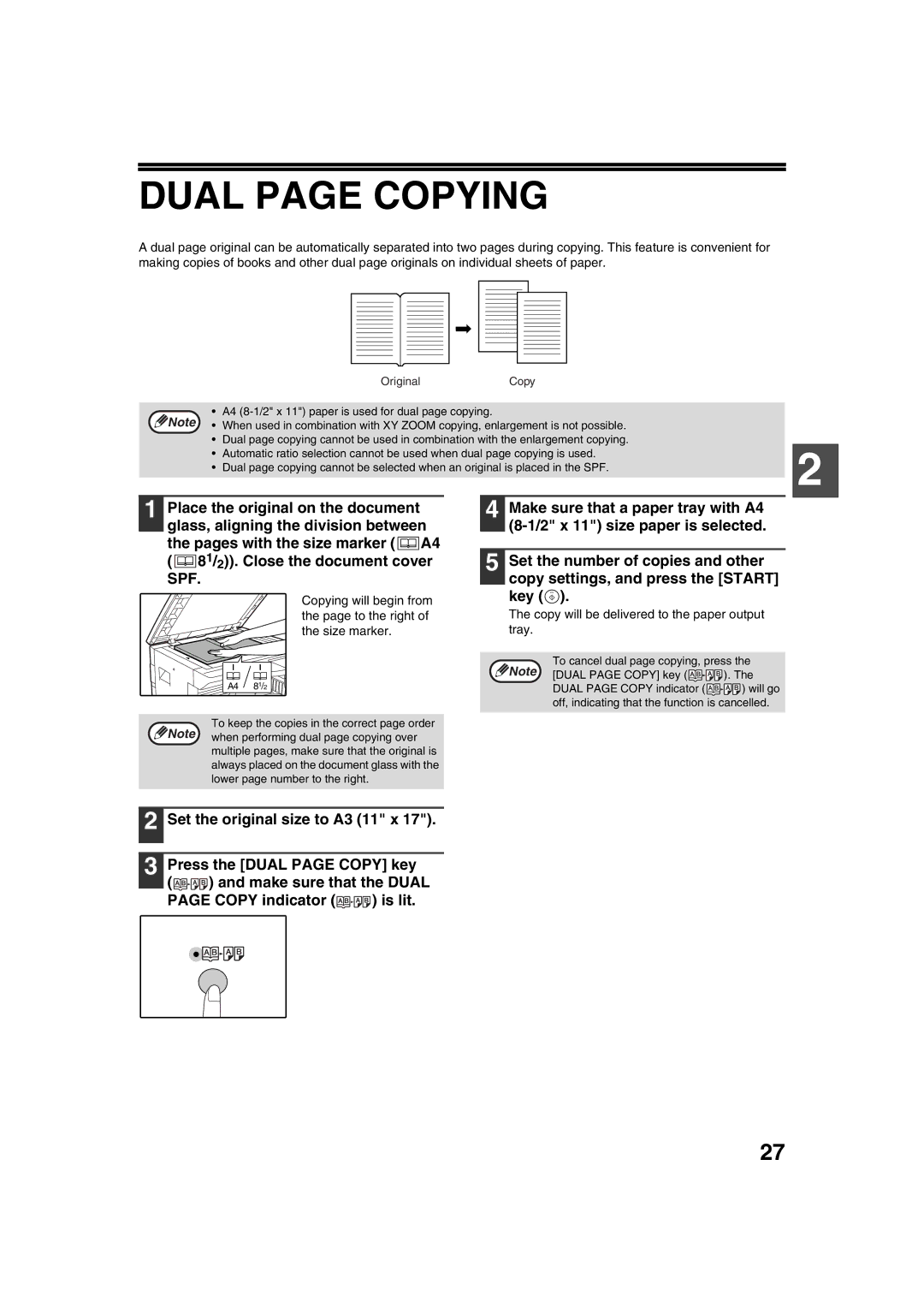 Sharp AR-5320 Dual page Copying, Set the original size to A3 11 x, Press the Dual page Copy key, Make sure that the Dual 