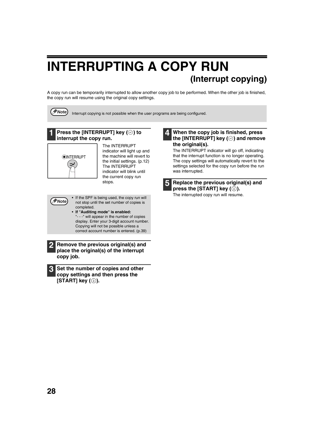 Sharp AR-5316 X, AR-5320 X operation manual Interrupting a Copy RUN, Press the Interrupt key to interrupt the copy run 