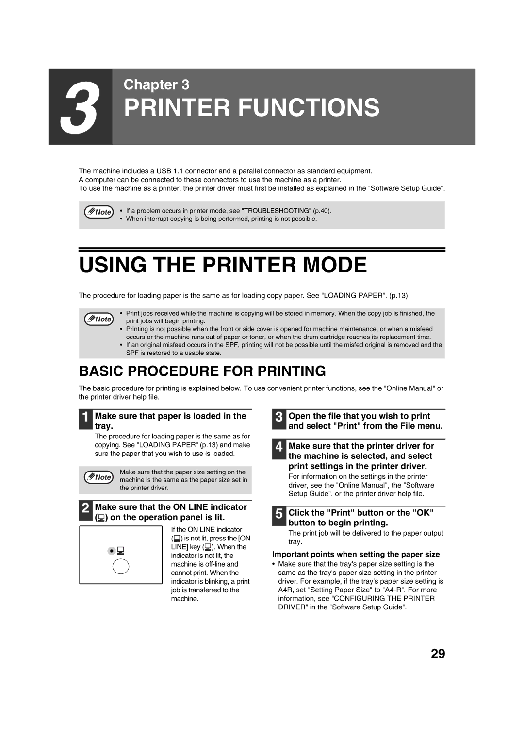 Sharp AR-5316, AR-5320 X Using the Printer Mode, Basic Procedure for Printing, Make sure that paper is loaded in the tray 