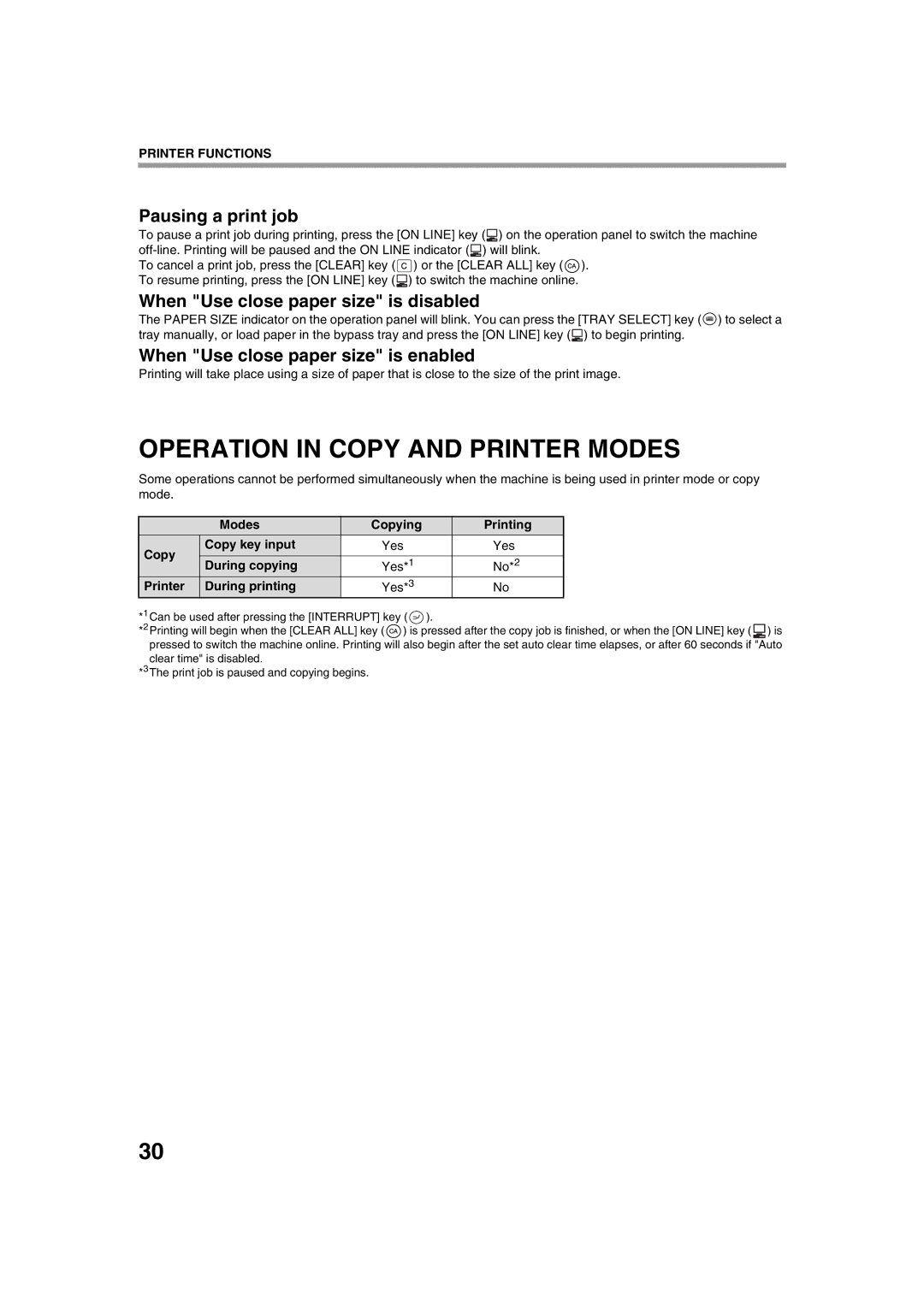 Sharp AR-5320 X, AR-5316 X Operation in Copy and Printer Modes, Pausing a print job, When Use close paper size is disabled 