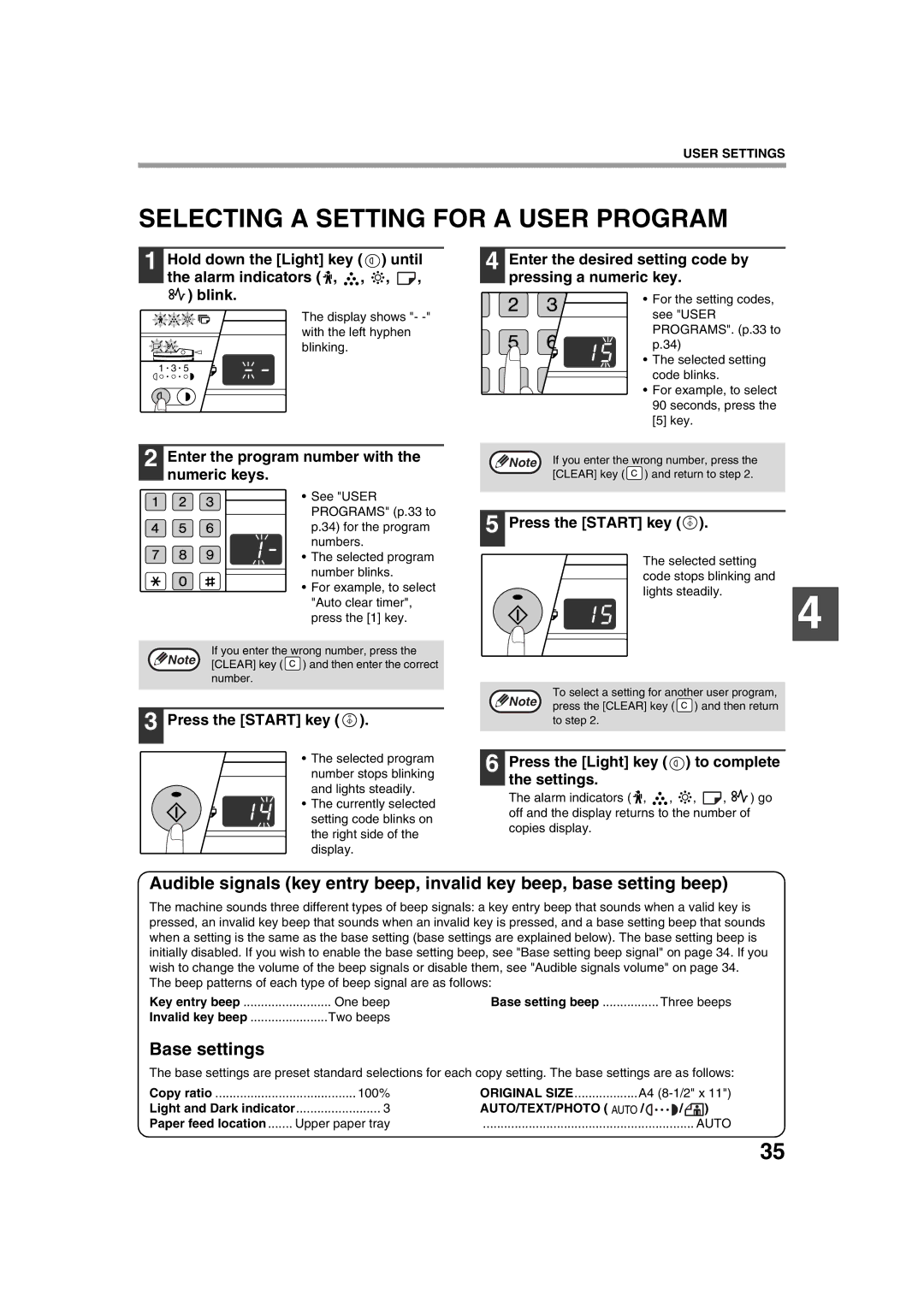 Sharp AR-5320 X, AR-5316 X operation manual Selecting a Setting for a User Program, Base settings 