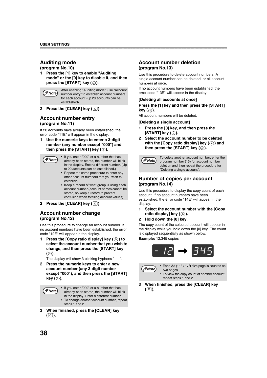 Sharp AR-5320 X, AR-5316 X Auditing mode, Account number entry, Account number change, Account number deletion 