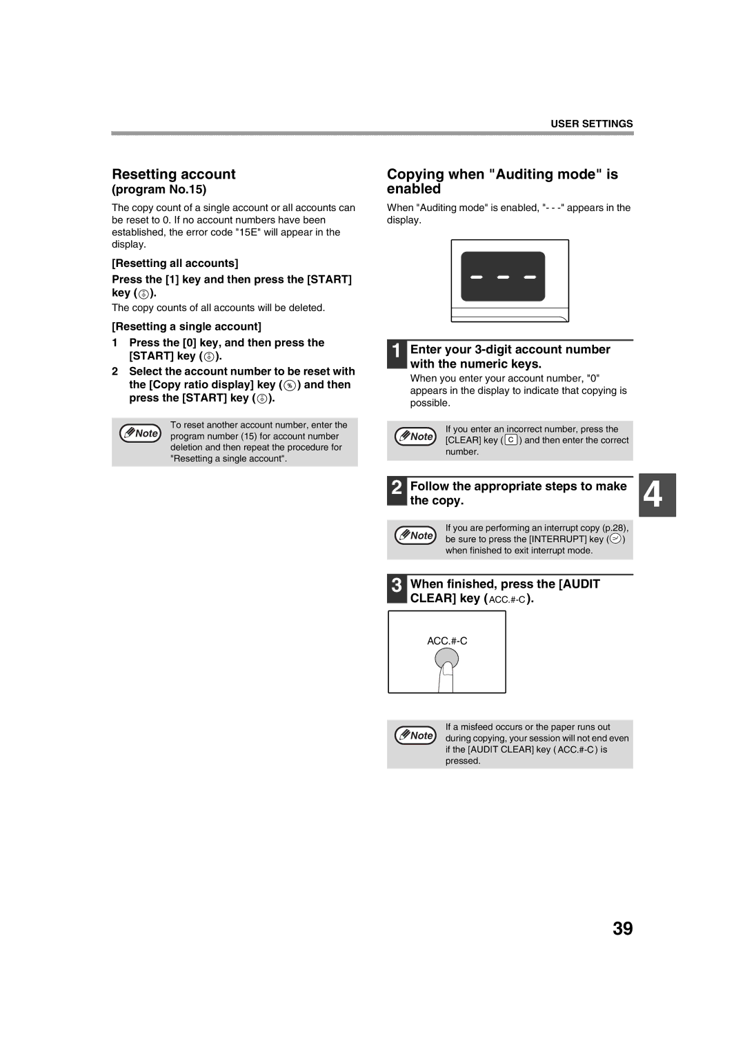 Sharp AR-5320 X, AR-5316 X operation manual Resetting account, Copying when Auditing mode is enabled 