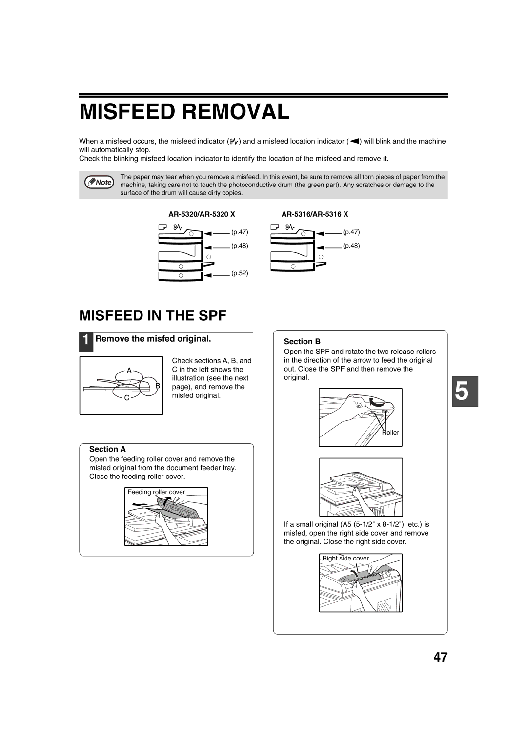 Sharp AR-5320 X, AR-5316 X Misfeed Removal, Misfeed in the SPF, Remove the misfed original, Section a, Section B 