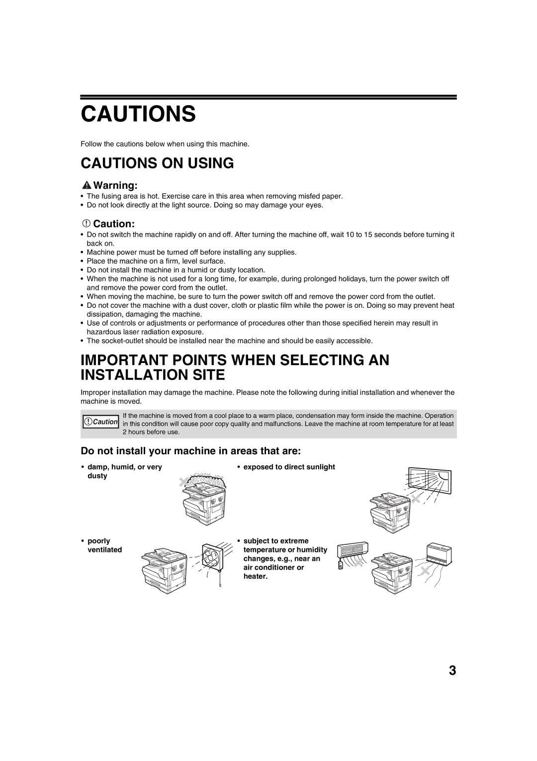 Sharp AR-5320 Important Points When Selecting AN Installation Site, Do not install your machine in areas that are, Heater 