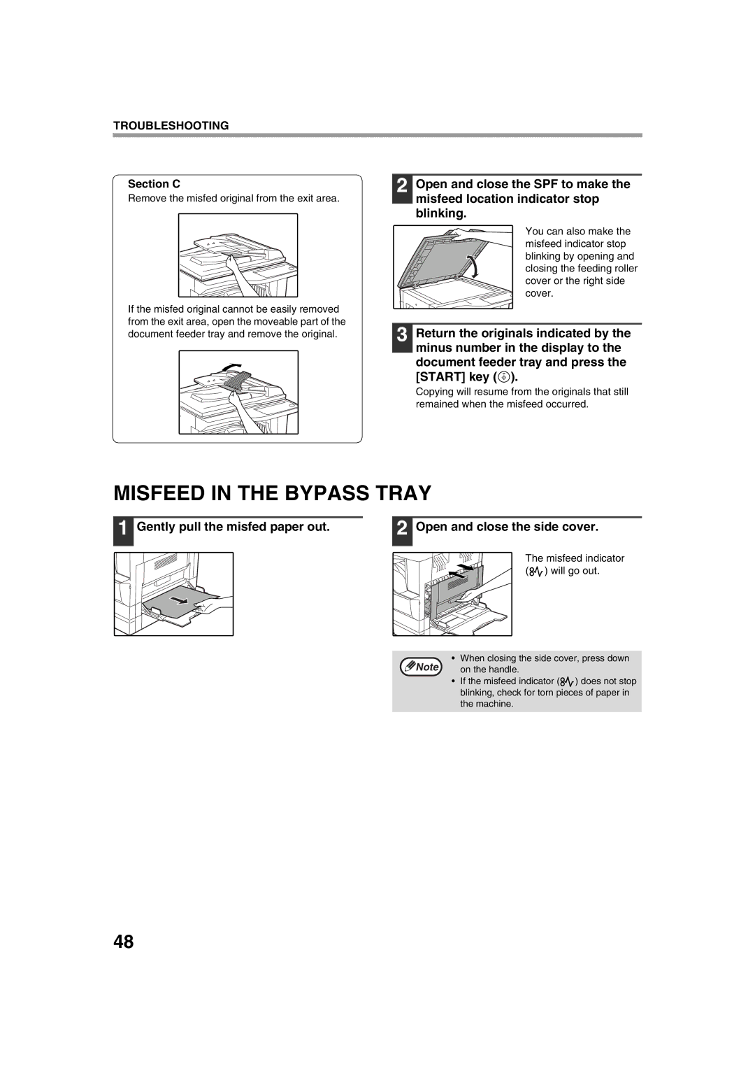 Sharp AR-5316 X, AR-5320 X operation manual Misfeed in the Bypass Tray, Section C, Misfeed indicator will go out 