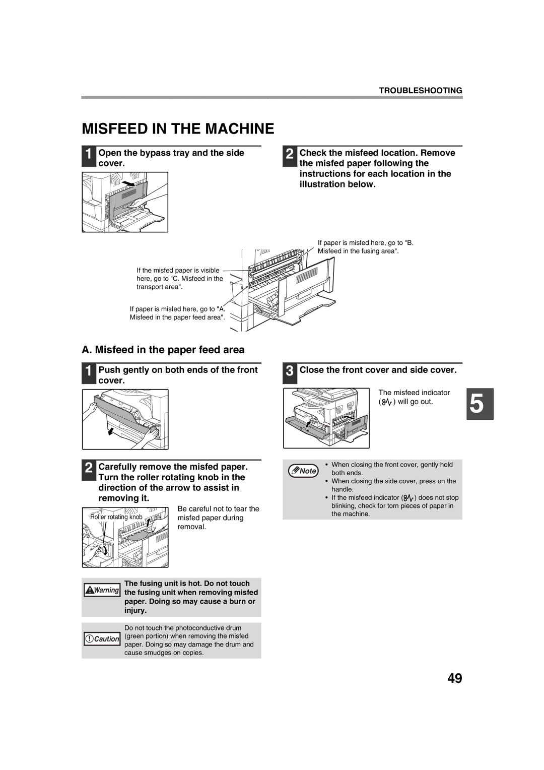 Sharp AR-5320 X, AR-5316 X operation manual Misfeed in the Machine, Misfeed in the paper feed area 