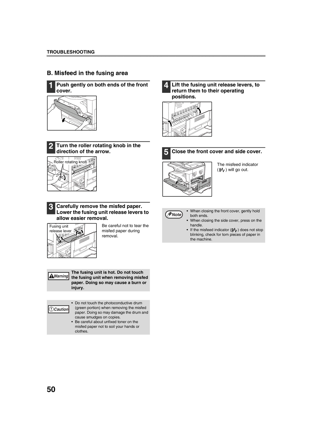 Sharp AR-5320 X, AR-5316 X operation manual Misfeed in the fusing area, Allow easier removal, Misfed paper during 