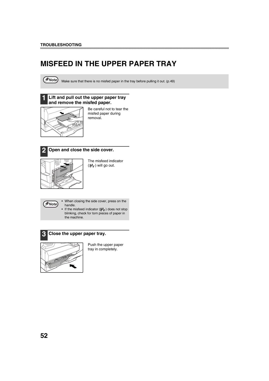 Sharp AR-5316 X Misfeed in the Upper Paper Tray, Close the upper paper tray, Push the upper paper tray in completely 