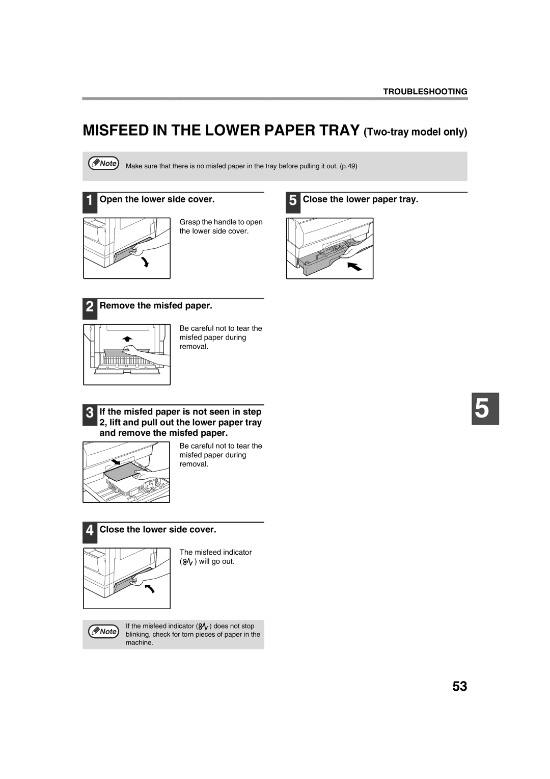 Sharp AR-5316 Open the lower side cover, Remove the misfed paper, Close the lower side cover, Close the lower paper tray 