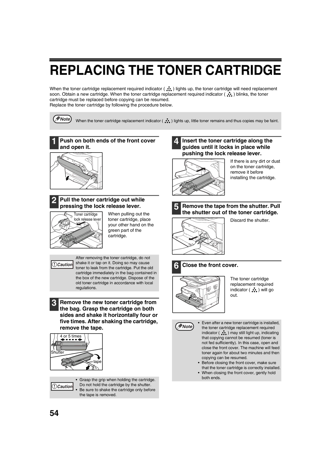 Sharp AR-5320 X, AR-5316 X operation manual Replacing the Toner Cartridge, Close the front cover, Discard the shutter 