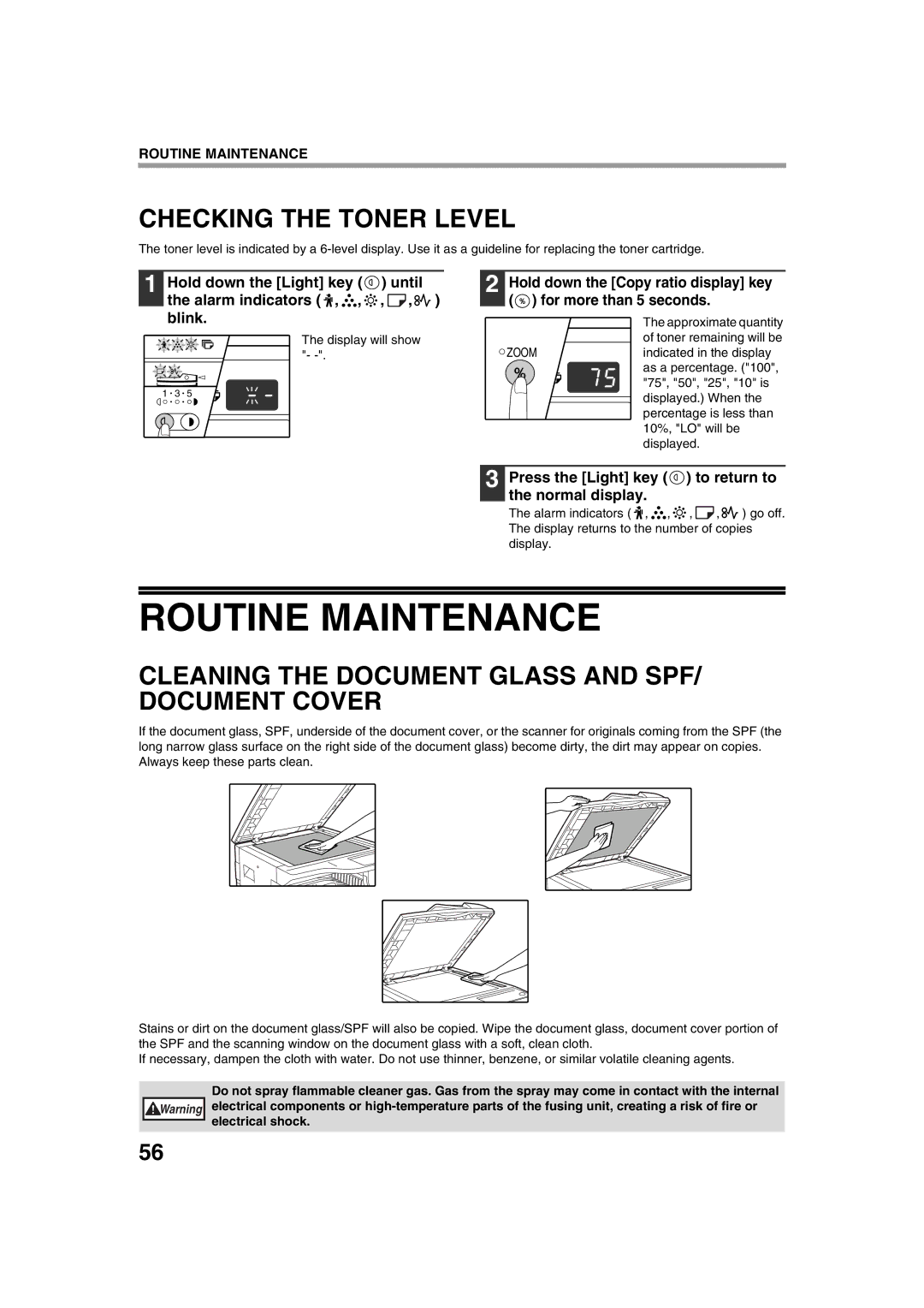 Sharp AR-5316 X Routine Maintenance, Checking the Toner Level, Cleaning the Document Glass and SPF/ Document Cover 