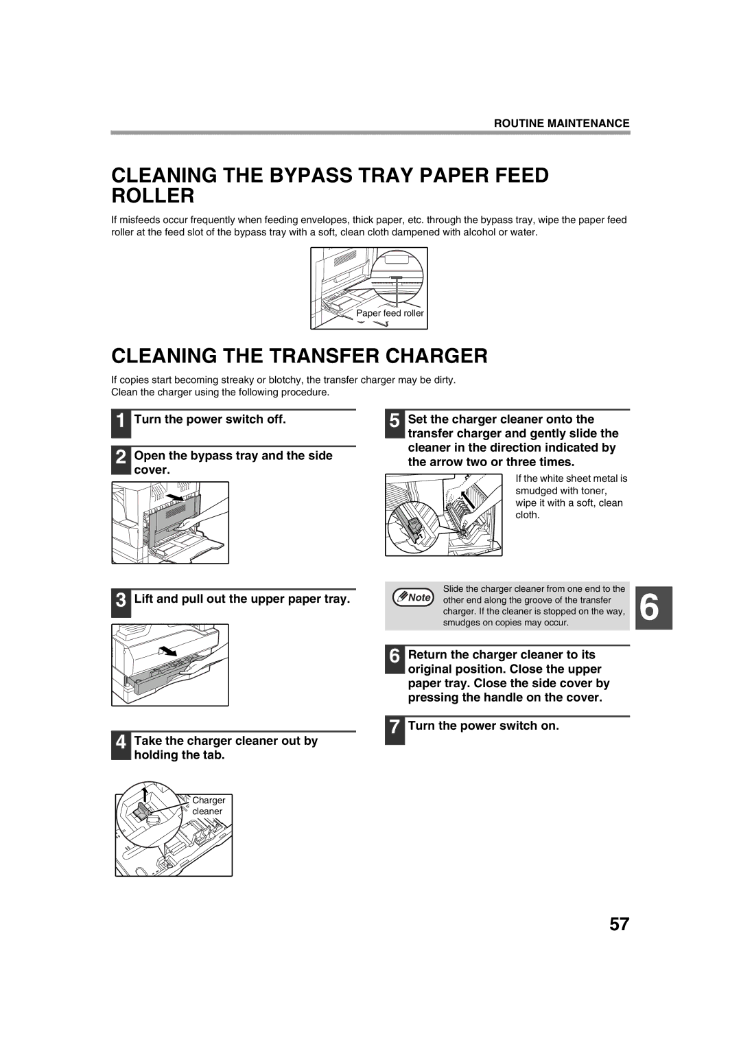 Sharp AR-5320 X, AR-5316 X operation manual Cleaning the Bypass Tray Paper Feed Roller, Cleaning the Transfer Charger 