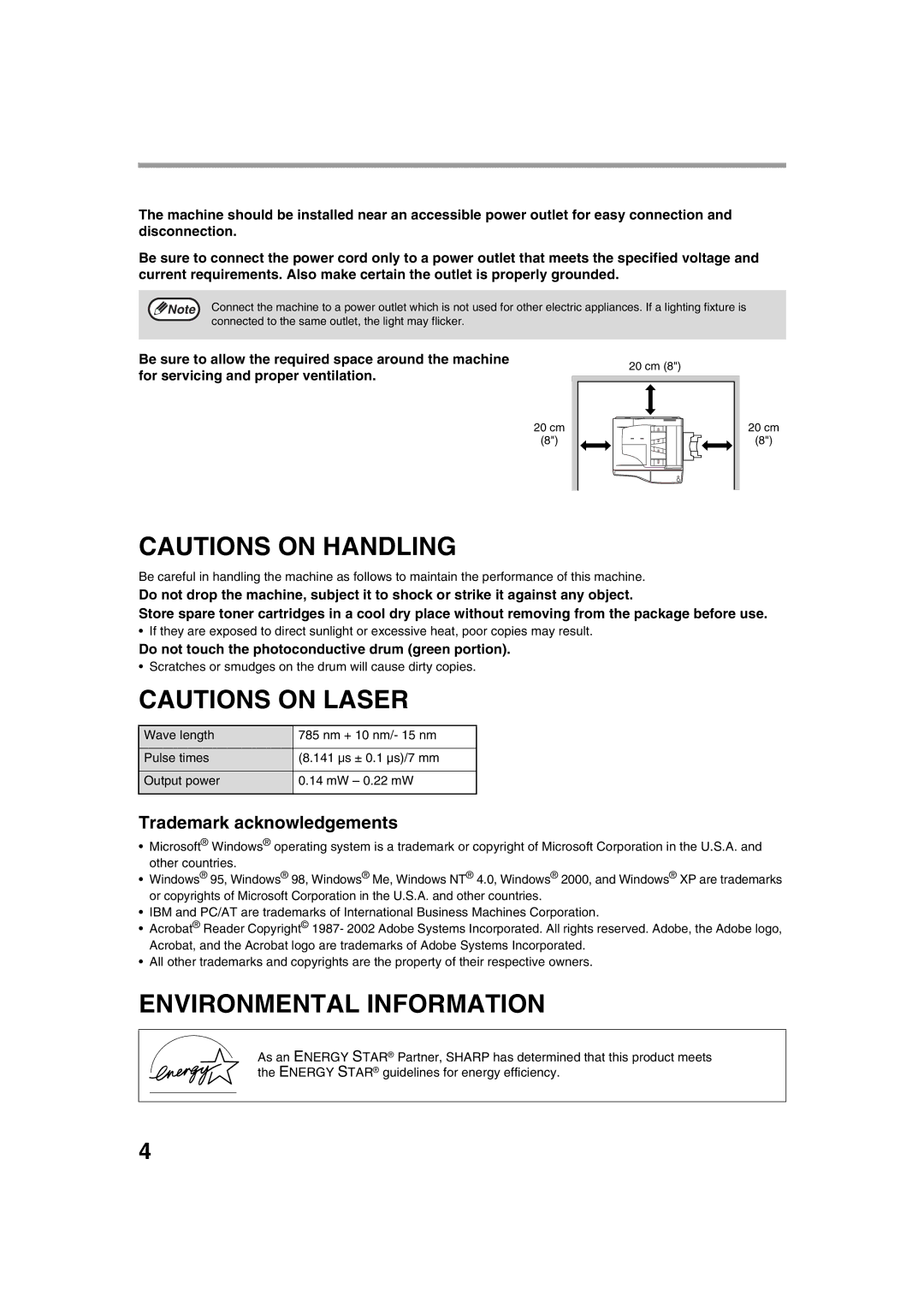 Sharp AR-5316 X Environmental Information, Trademark acknowledgements, Do not touch the photoconductive drum green portion 