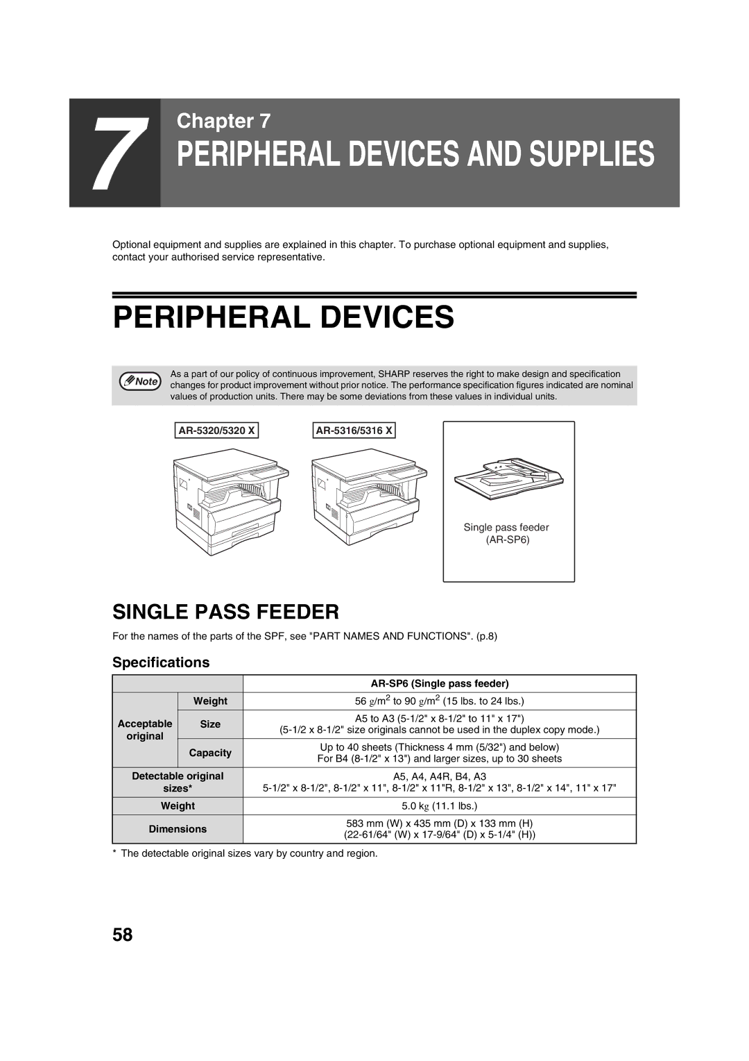 Sharp AR-5320 X, AR-5316 X operation manual Peripheral Devices, Single Pass Feeder, Specifications 