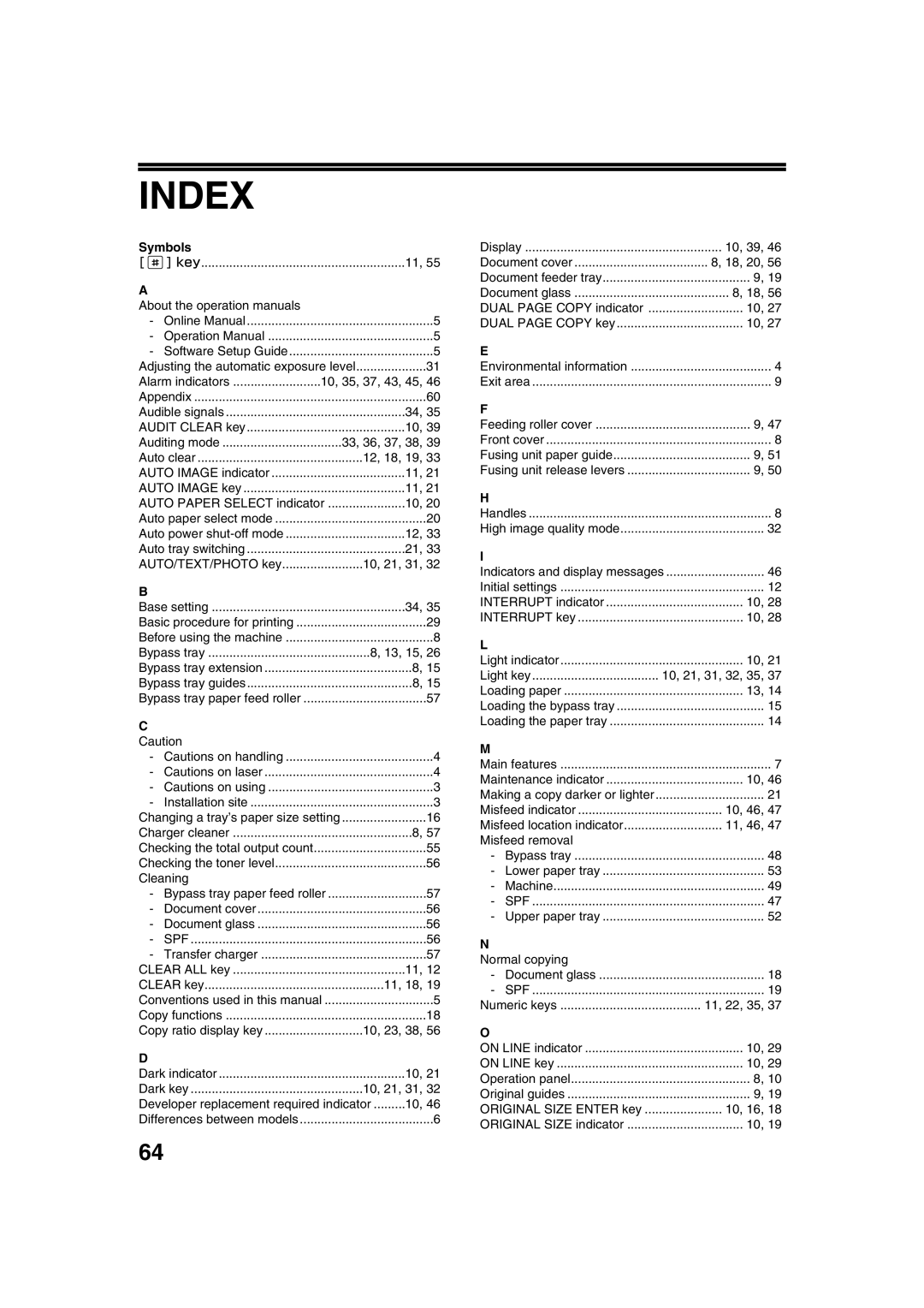 Sharp AR-5316 X, AR-5320 X operation manual Index, Symbols 