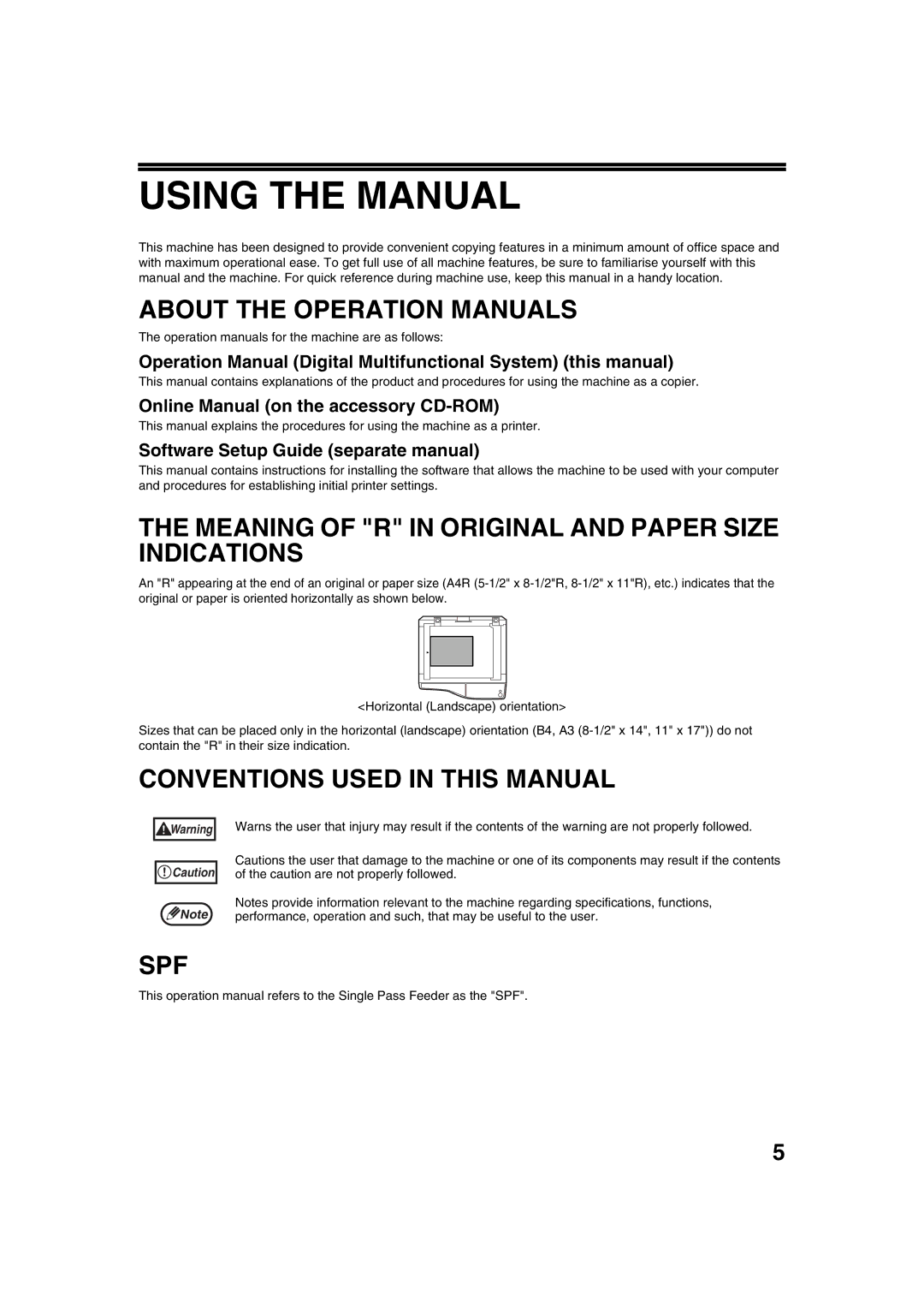 Sharp AR-5316 Using the Manual, Meaning of R in Original and Paper Size Indications, Conventions Used in this Manual, Spf 