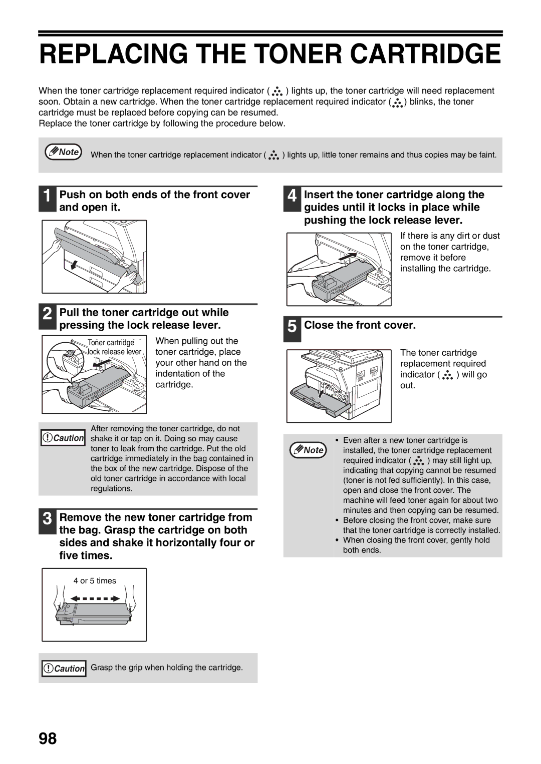 Sharp AR-5516N, AR-5520N manual Replacing the Toner Cartridge, Required indicator 