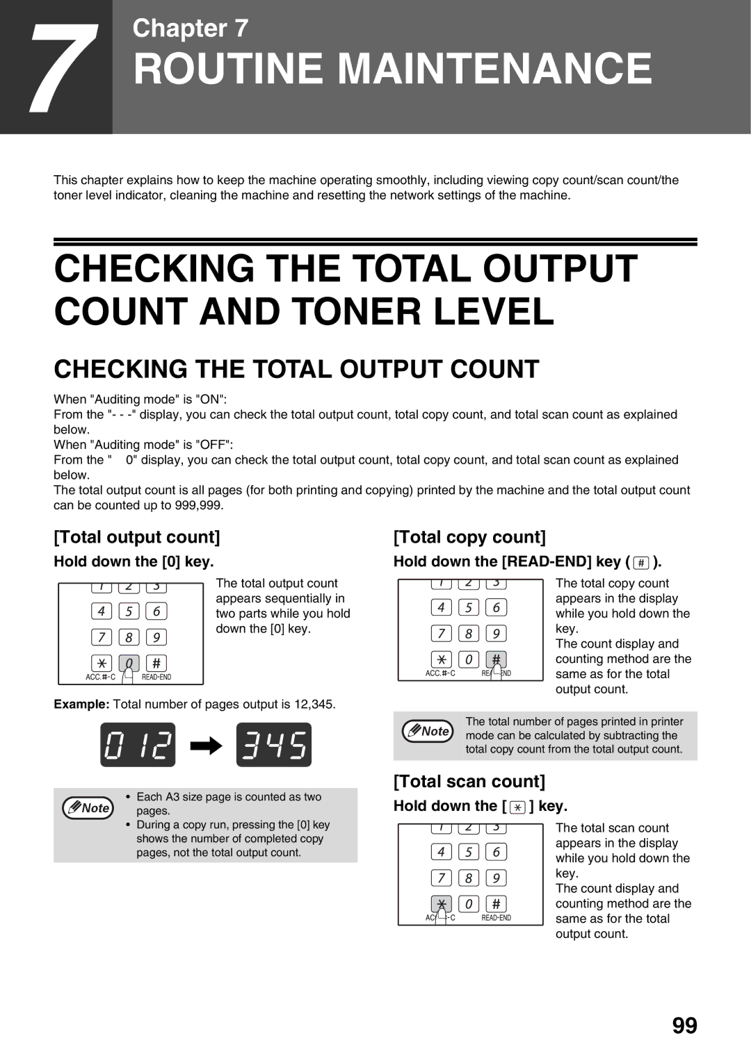 Sharp AR-5520N Checking the Total Output Count and Toner Level, Total output count, Total copy count, Total scan count 