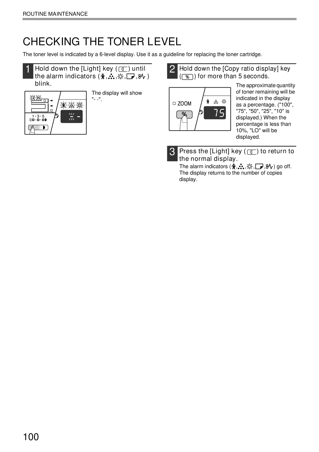 Sharp AR-5516N, AR-5520N Checking the Toner Level, Press the Light key to return to the normal display, Display will show 