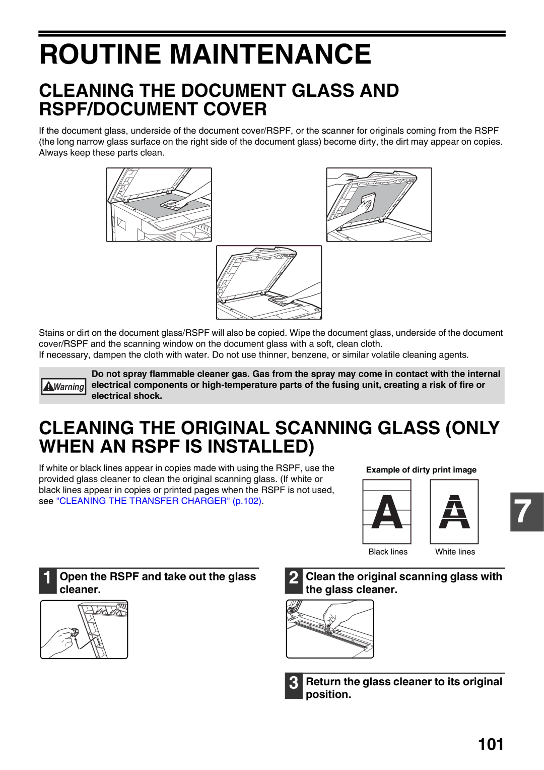 Sharp AR-5520N, AR-5516N manual Routine Maintenance, Cleaning the Document Glass and RSPF/DOCUMENT Cover 