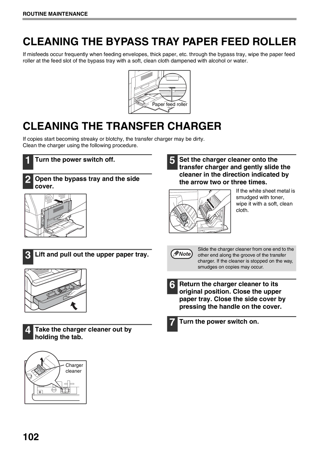 Sharp AR-5516N, AR-5520N manual Cleaning the Bypass Tray Paper Feed Roller, Cleaning the Transfer Charger 