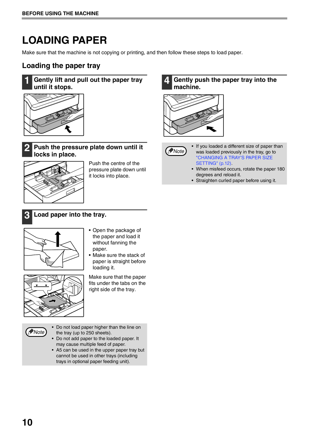 Sharp AR-5516N, AR-5520N manual Loading Paper, Loading the paper tray, Locks in place, Load paper into the tray 