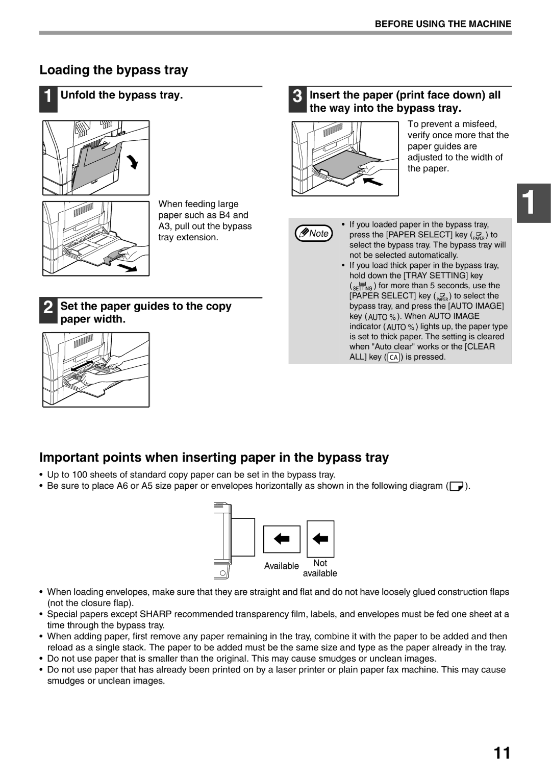 Sharp AR-5520N Loading the bypass tray, Important points when inserting paper in the bypass tray, Unfold the bypass tray 