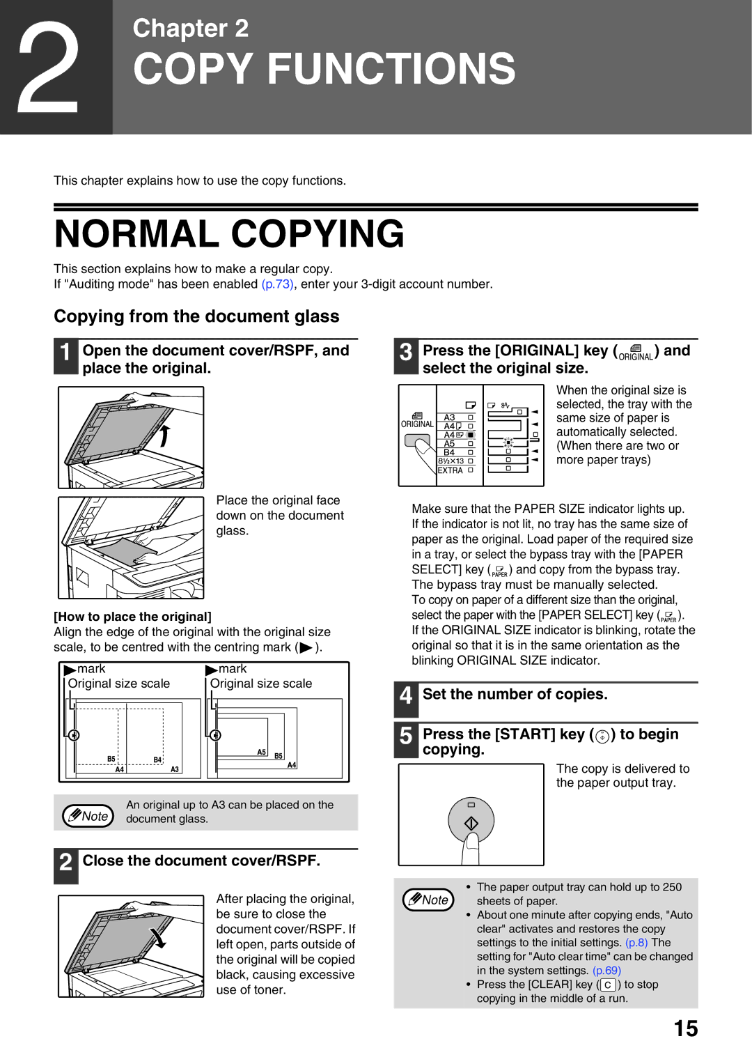 Sharp AR-5520N manual Normal Copying, Copying from the document glass, Open the document cover/RSPF, and place the original 