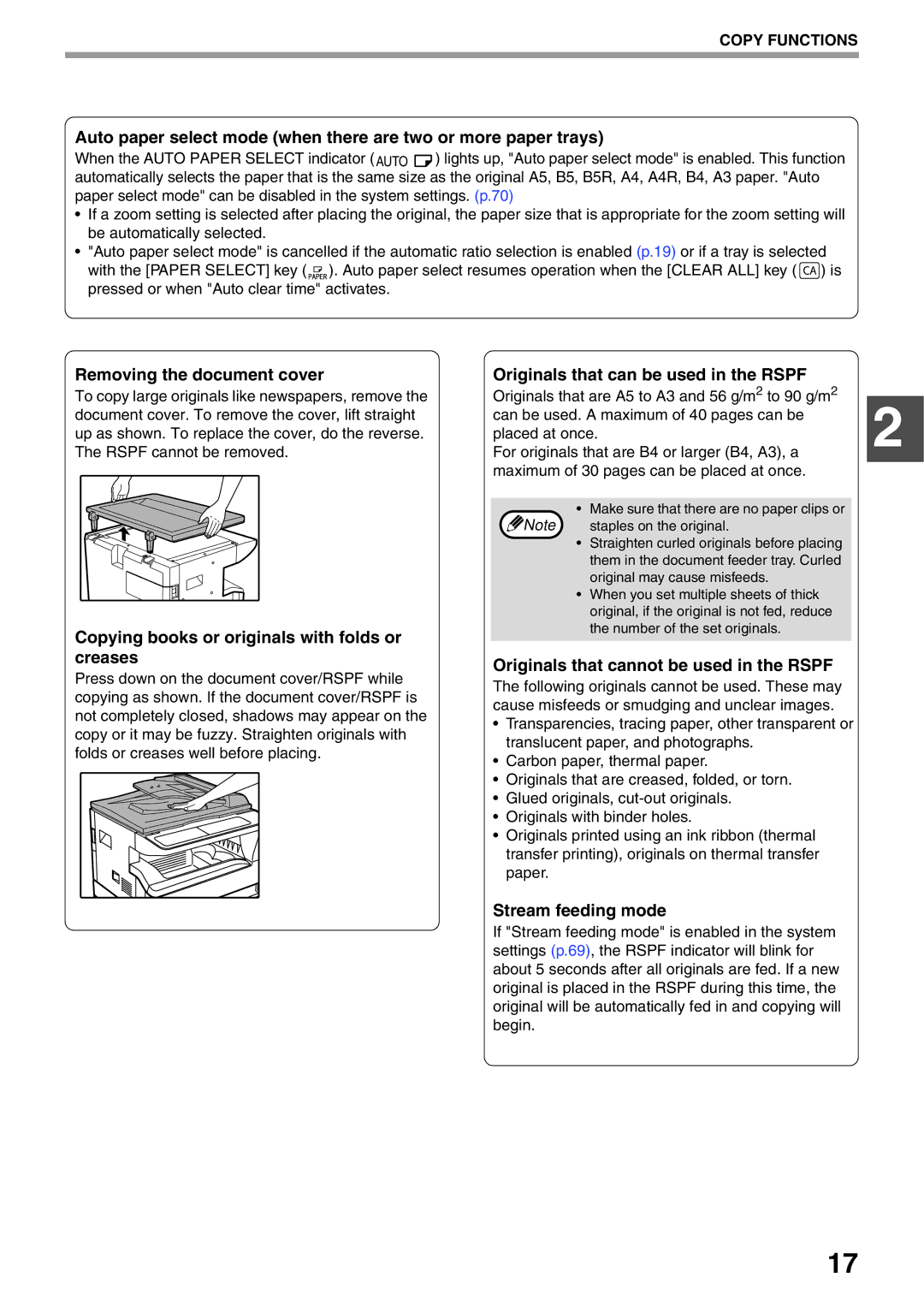 Sharp AR-5520N manual Removing the document cover, Copying books or originals with folds or creases, Stream feeding mode 