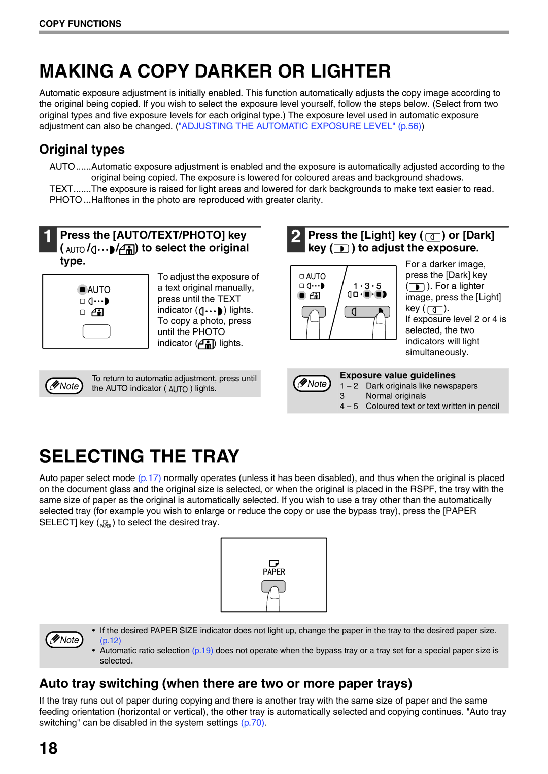 Sharp AR-5516N, AR-5520N manual Making a Copy Darker or Lighter, Selecting the Tray, Original types 