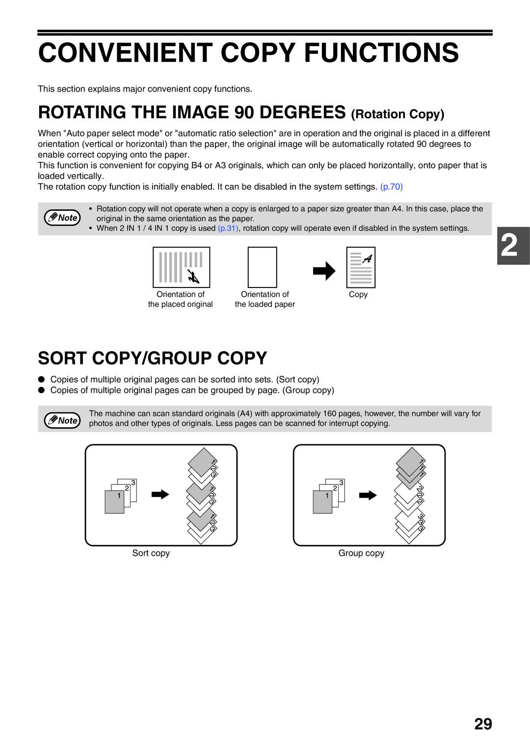 Sharp AR-5520N, AR-5516N manual Convenient Copy Functions, Rotating the Image 90 Degrees Rotation Copy, Sort COPY/GROUP Copy 