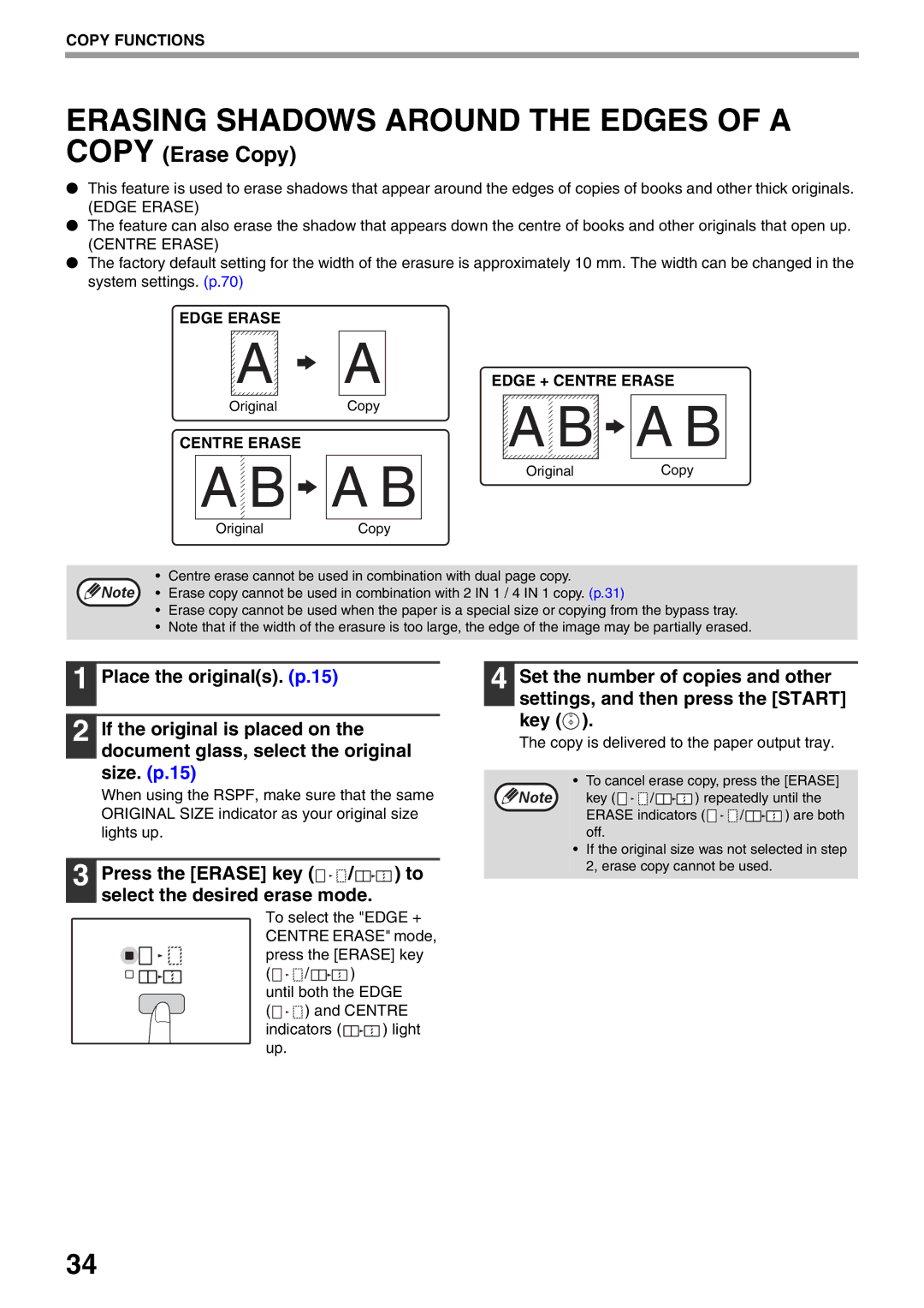 Sharp AR-5516N, AR-5520N Erasing Shadows around the Edges of a Copy, Press the Erase key Select the desired erase mode 