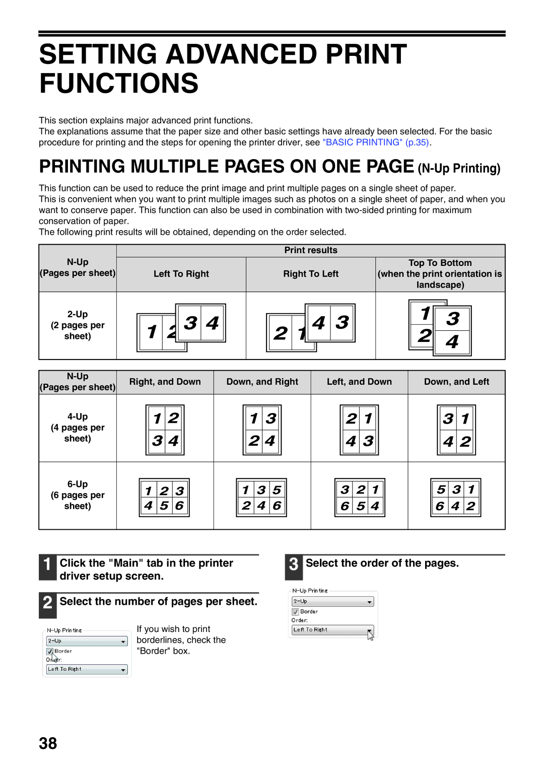 Sharp AR-5516N, AR-5520N Setting Advanced Print Functions, Printing Multiple Pages on ONE page N-Up Printing, Landscape 