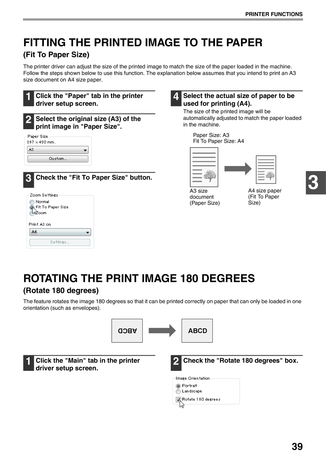 Sharp AR-5520N, AR-5516N Fitting the Printed Image to the Paper, Rotating the Print Image 180 Degrees, Fit To Paper Size 