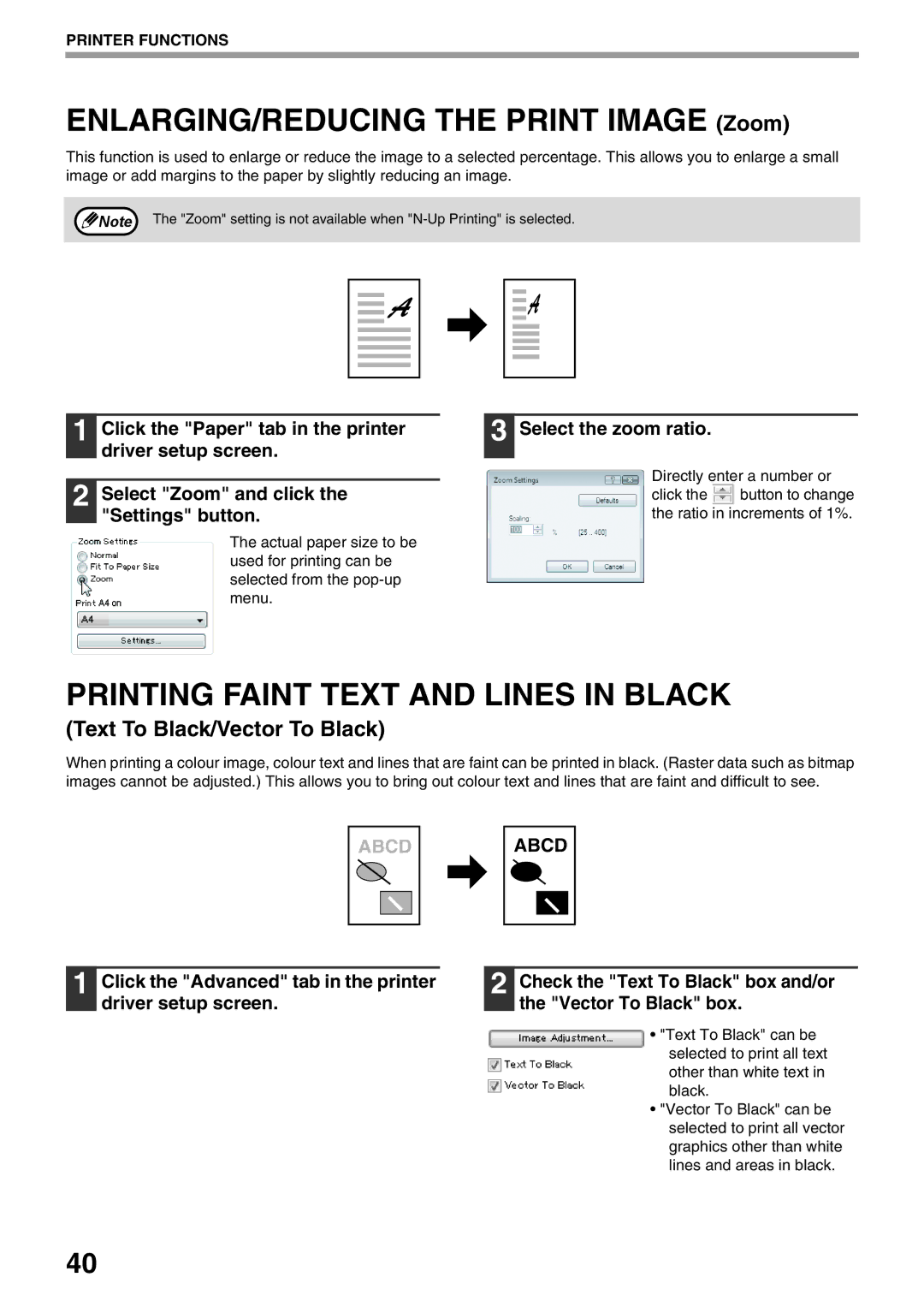 Sharp AR-5516N ENLARGING/REDUCING the Print Image Zoom, Printing Faint Text and Lines in Black, Select the zoom ratio 