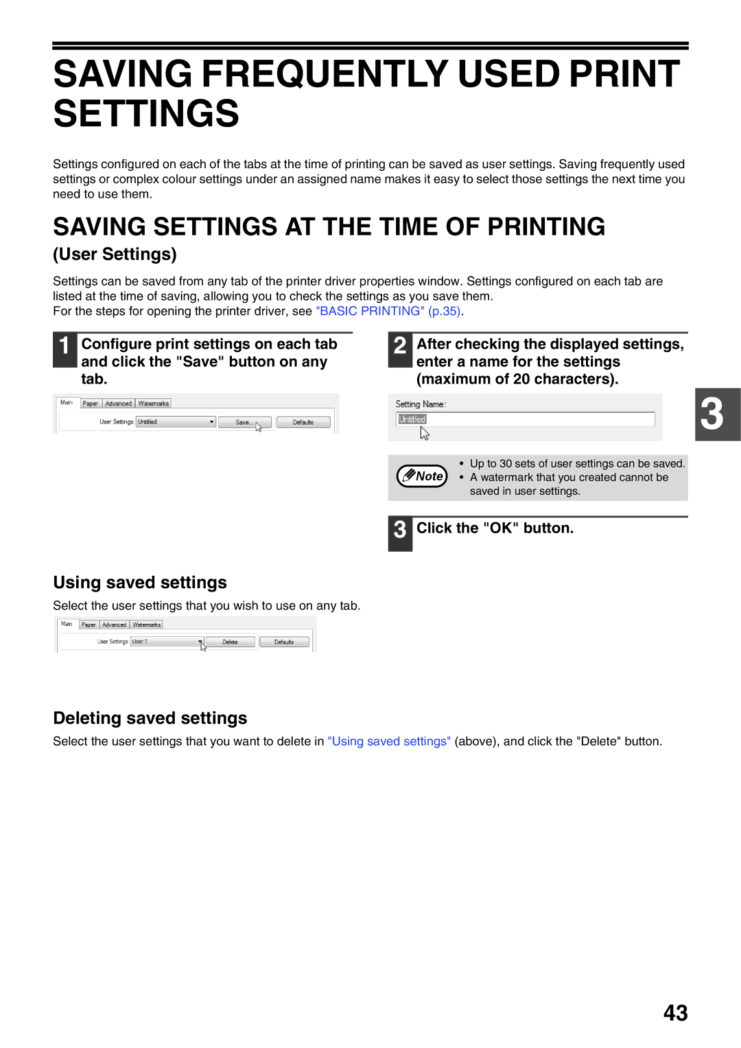 Sharp AR-5520N, AR-5516N Saving Frequently Used Print Settings, Saving Settings AT the Time of Printing, User Settings 