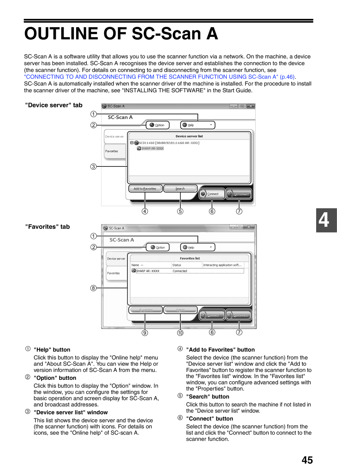 Sharp AR-5520N, AR-5516N manual Device server tab Favorites tab 