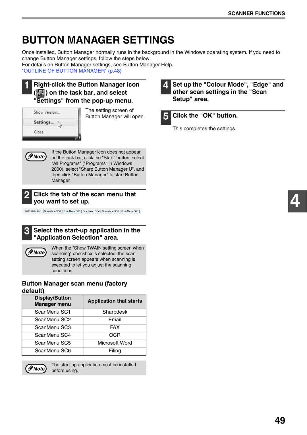 Sharp AR-5520N, AR-5516N manual Button Manager Settings, Button Manager scan menu factory default 