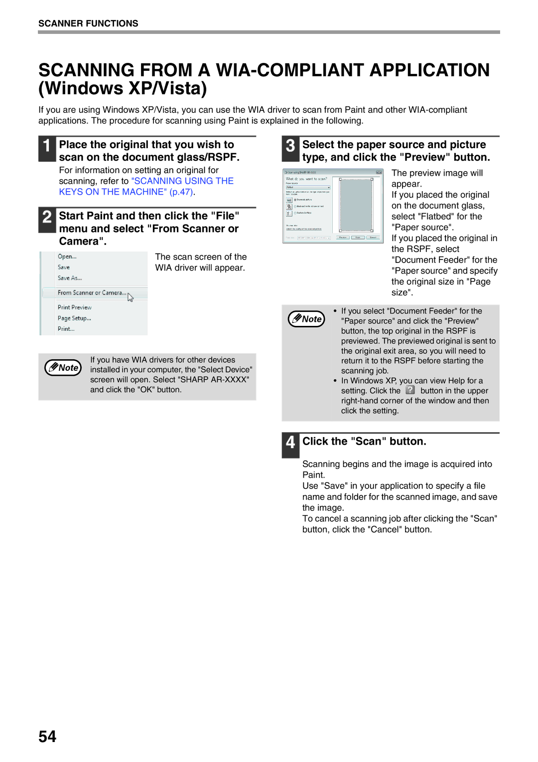 Sharp AR-5516N, AR-5520N manual Scanning from a WIA-COMPLIANT Application Windows XP/Vista, Click the Scan button 