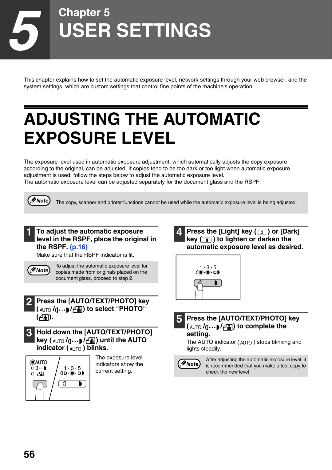 Sharp AR-5516N, AR-5520N manual Adjusting the Automatic Exposure Level, Make sure that the Rspf indicator is lit 