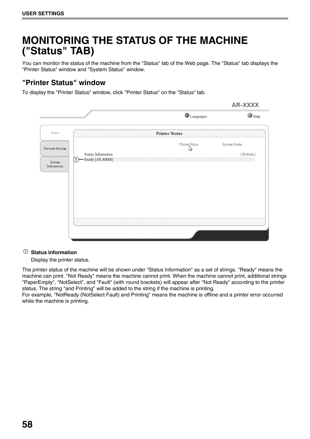 Sharp AR-5516N, AR-5520N manual Monitoring the Status of the Machine Status TAB, Printer Status window 