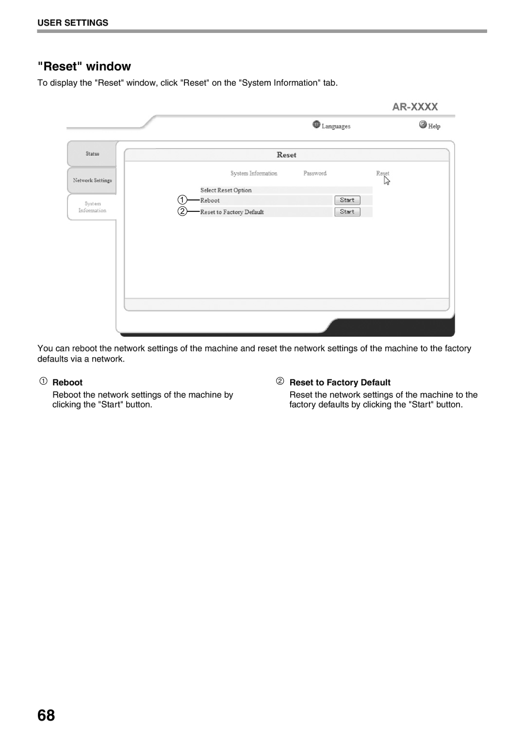 Sharp AR-5516N, AR-5520N manual Reset window, Reboot Reset to Factory Default 