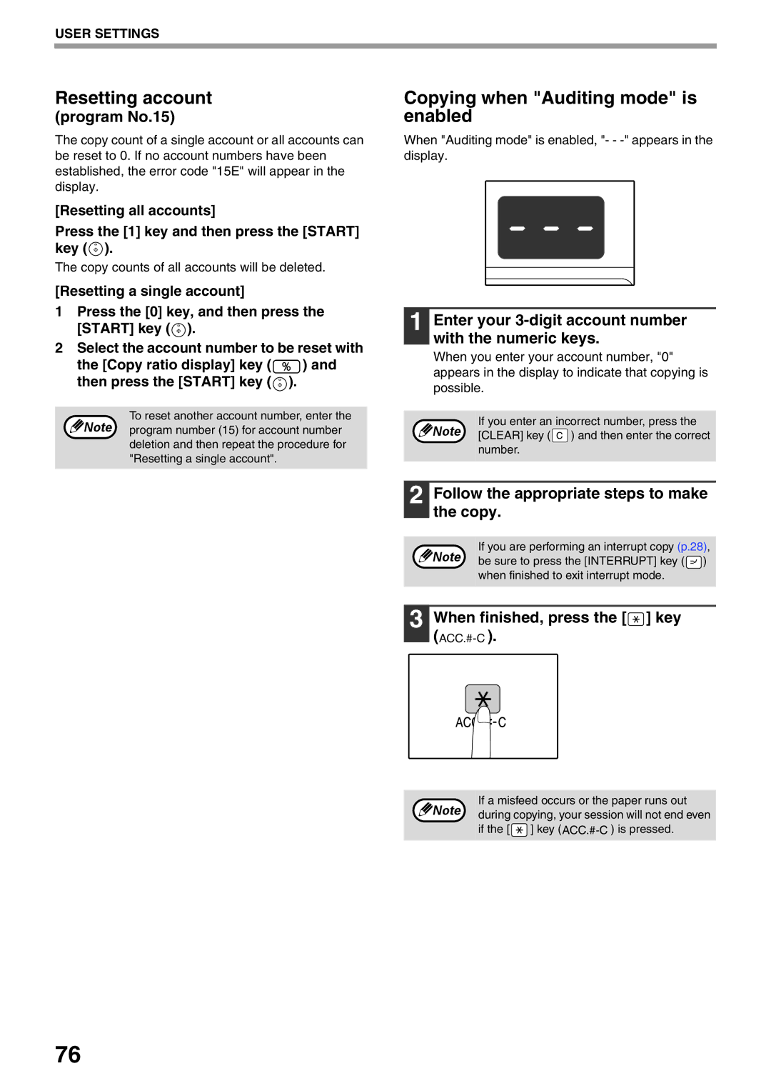 Sharp AR-5516N, AR-5520N manual Resetting account, Copying when Auditing mode is enabled 