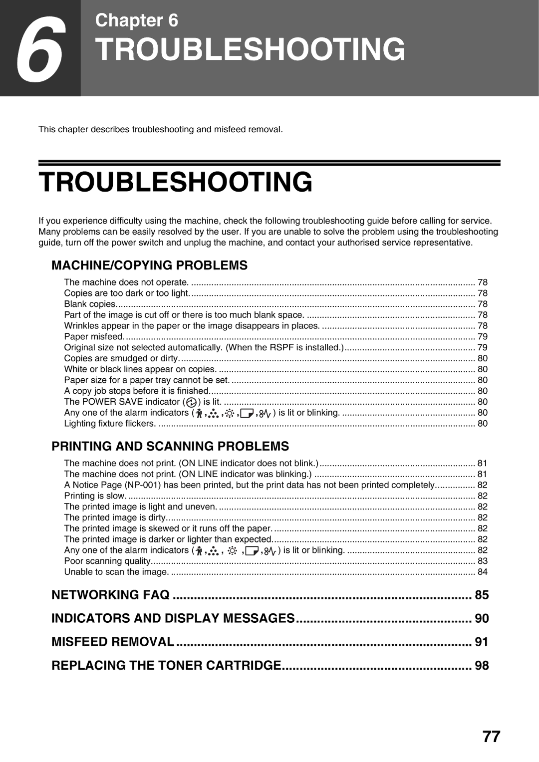 Sharp AR-5520N, AR-5516N manual Troubleshooting, This chapter describes troubleshooting and misfeed removal 