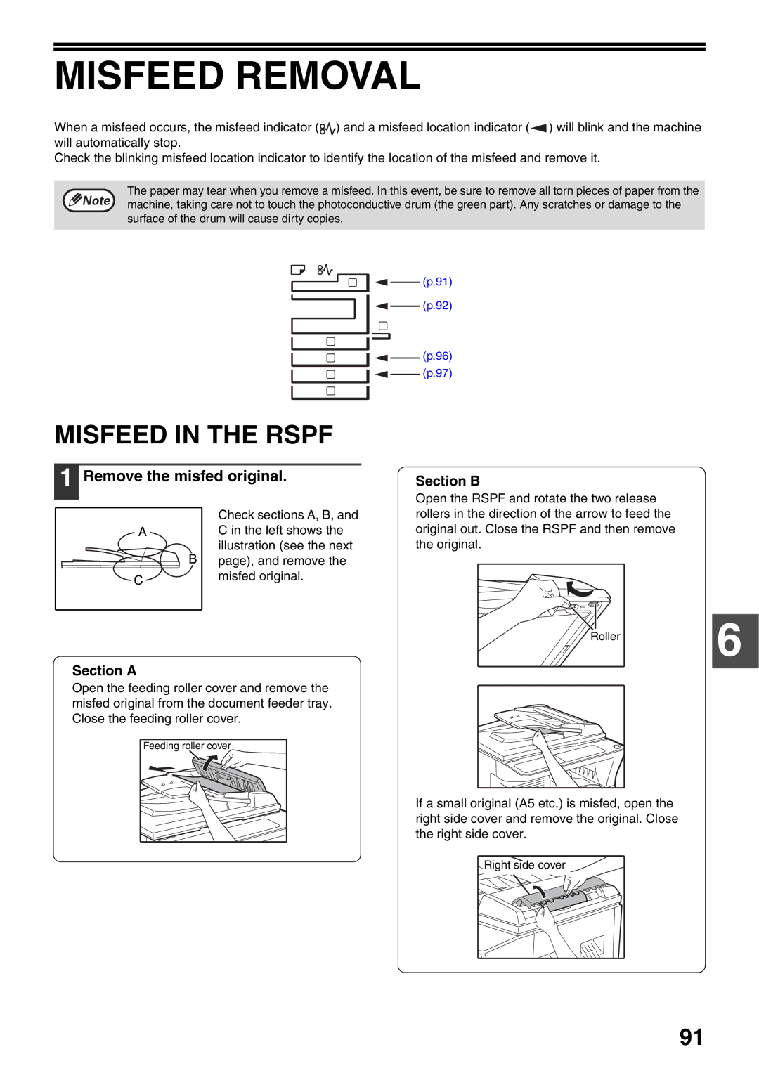 Sharp AR-5520N, AR-5516N manual Misfeed Removal, Misfeed in the Rspf, Remove the misfed original, Section a, Section B 